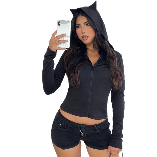 Sexy Street Style Devil Hooded Slim Fit Short Crop Long Sleeve T-Shirt Solid Color Versatile Casual Basic Top
