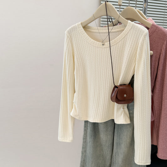 Solid Color Sweet &amp Spicy Pleated Fitted Long Sleeve T-Shirt for Women, Early Autumn Slim Fit Korean Style Crop Top