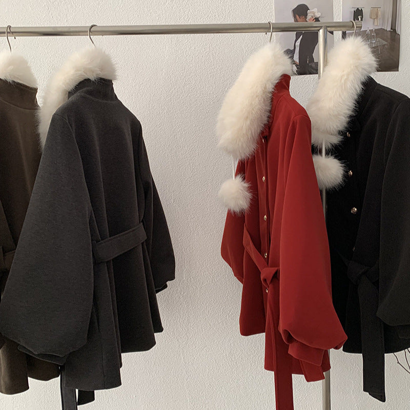 Belted closure Style Stand-Up Collar Wool Coat with Belted Waist, A-Line Mid-Length Tassel Sleeve for Women