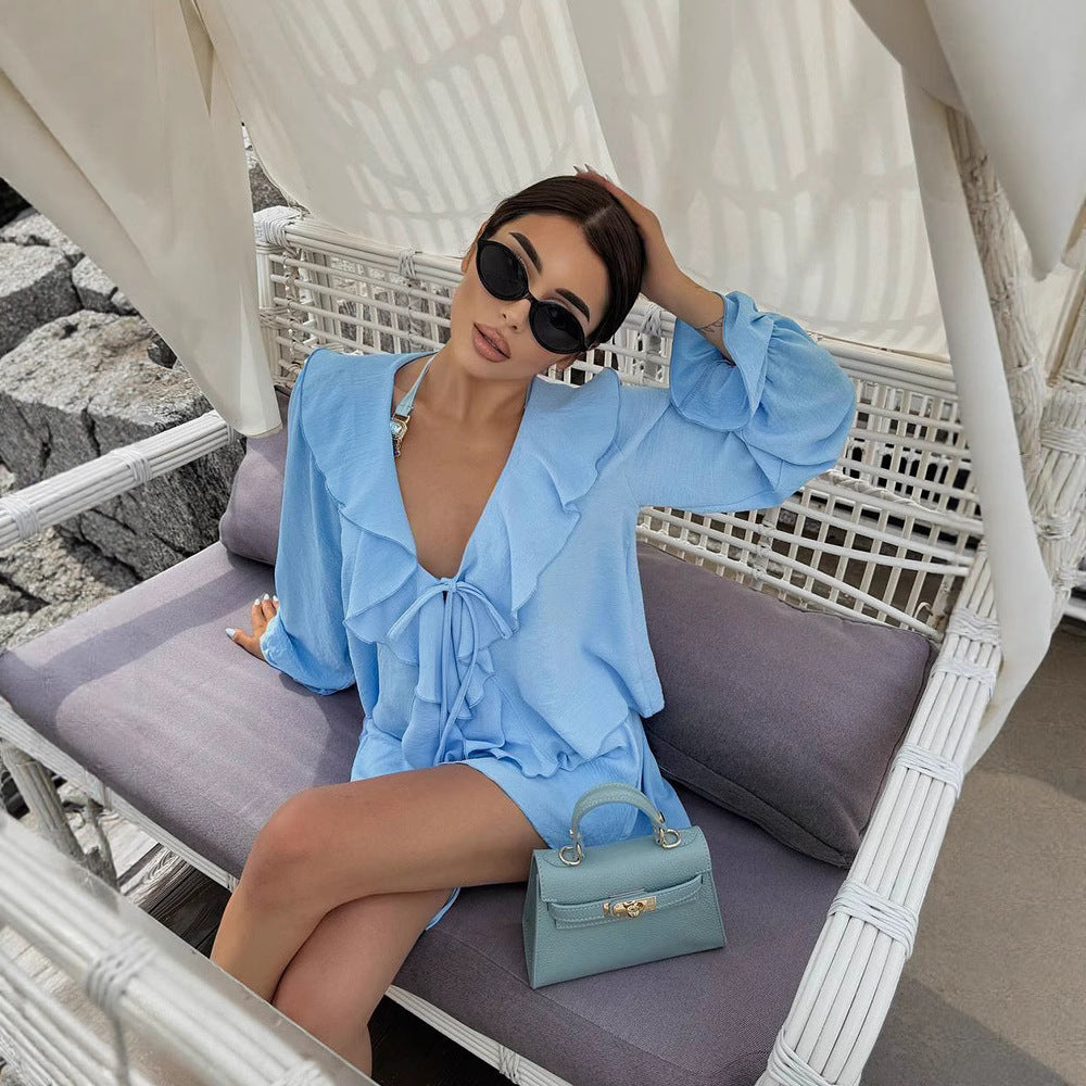 V-neck loose ruffle edge tied top and shorts two-piece set