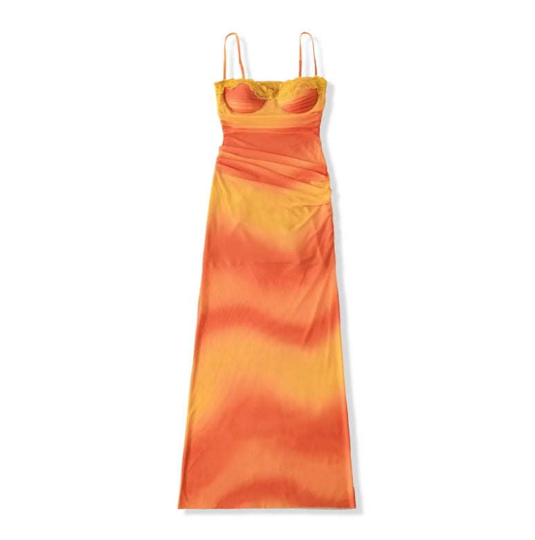 Wrinkle and Dyeing Printed Mesh Dress