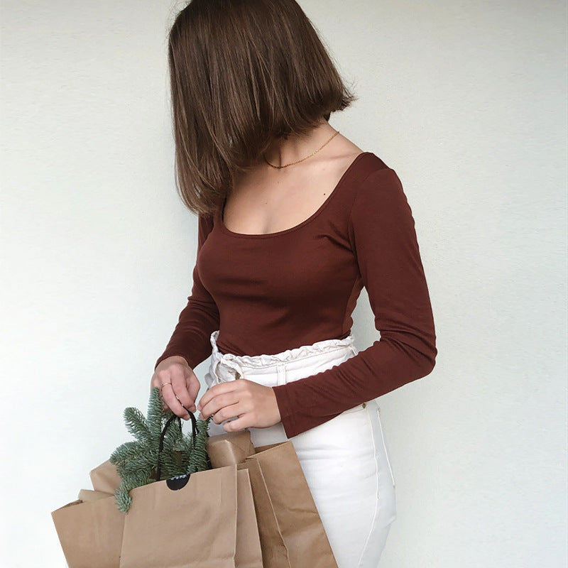 Women's long sleeved square neck crop top with exposed navel and slim fit