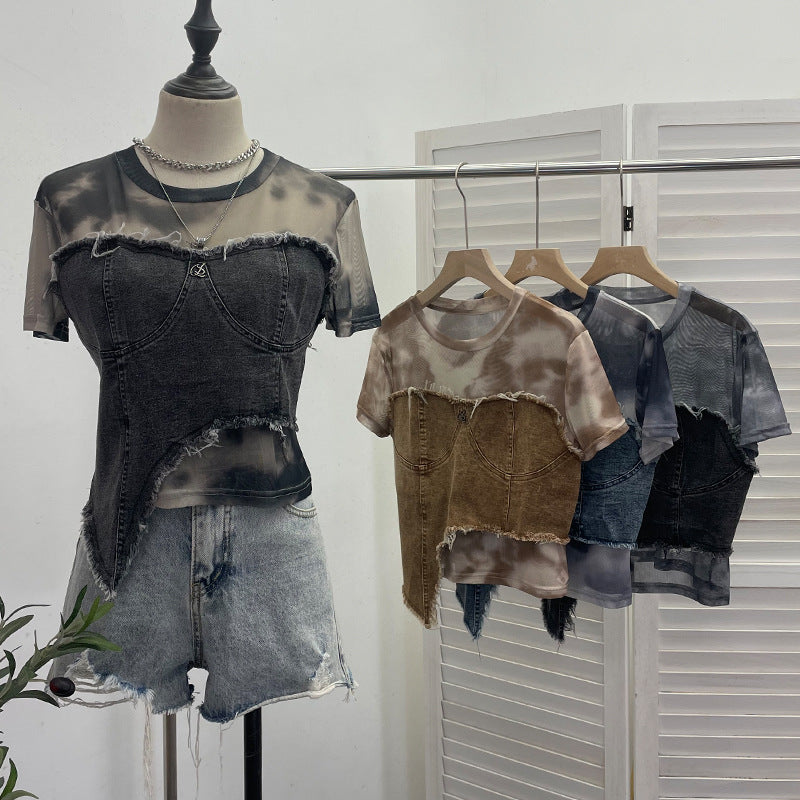 Denim Spliced Tie-Dye Mesh Fitted Irregular Fake Two-Piece Short Sleeve Top Crop T-Shirt