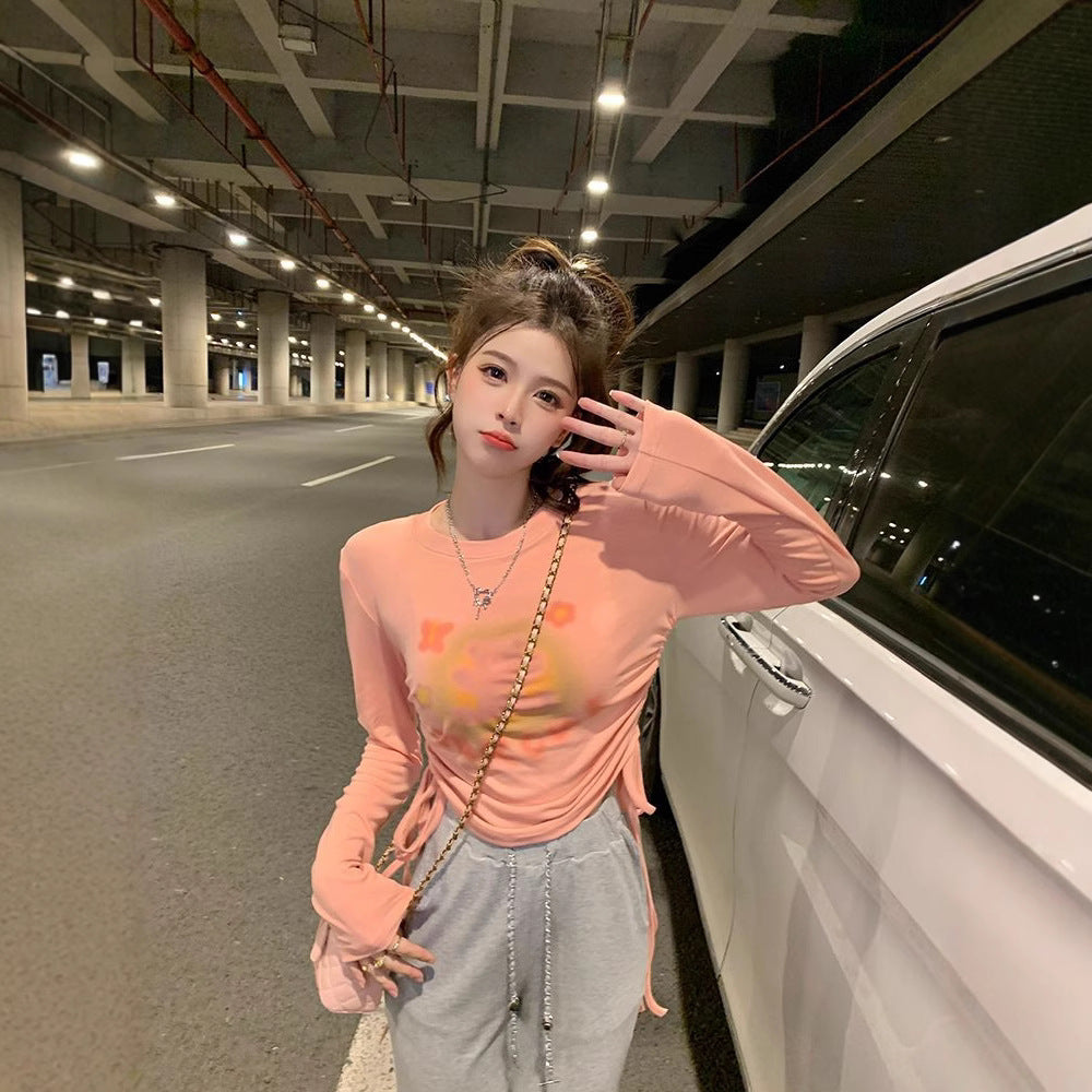 Cute Bear Print Long Sleeve T-Shirt for Women, Fitted Slim Fit Crop Top