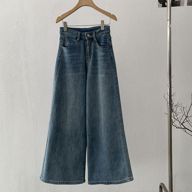 Fleece-Lined Thick Winter Korean Style Vintage High-Waisted Flared Jeans Loose Long Pants Women
