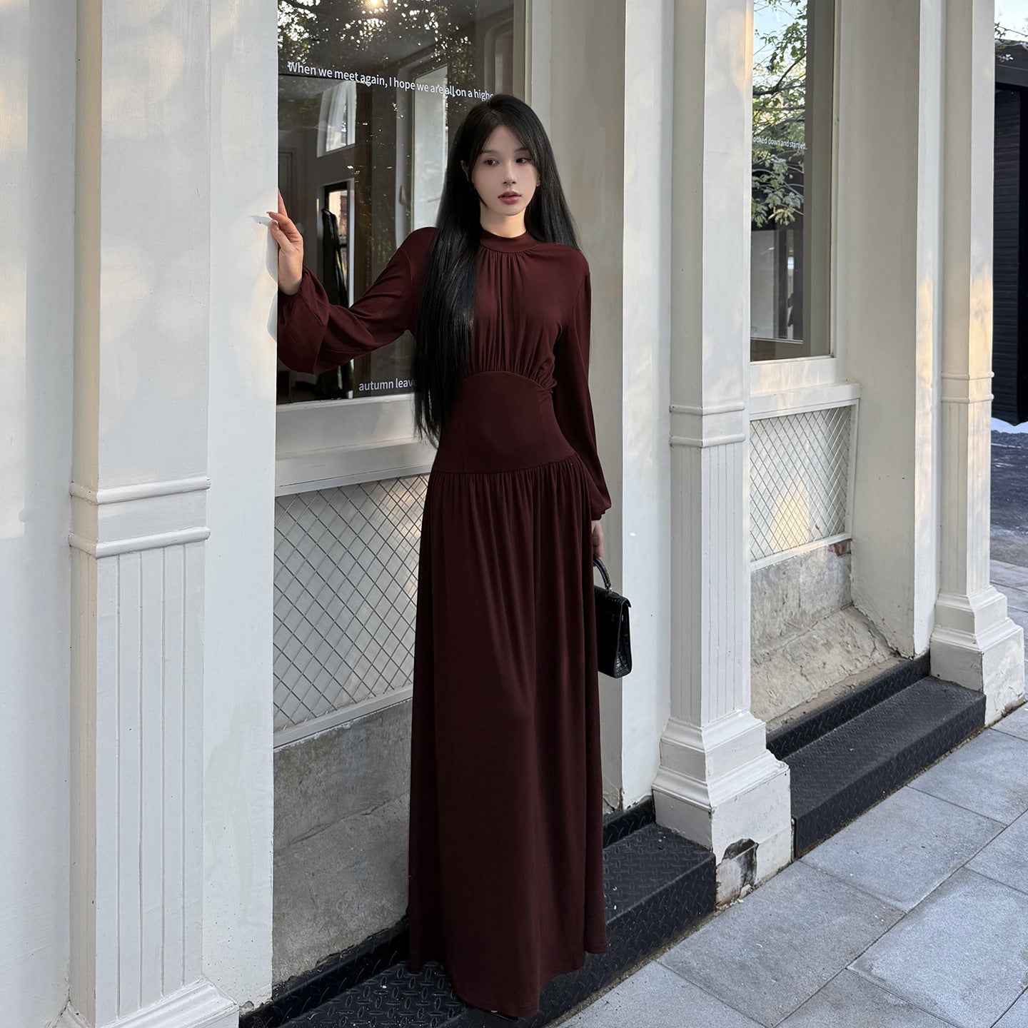 Half high collar waist cinched A-line dress