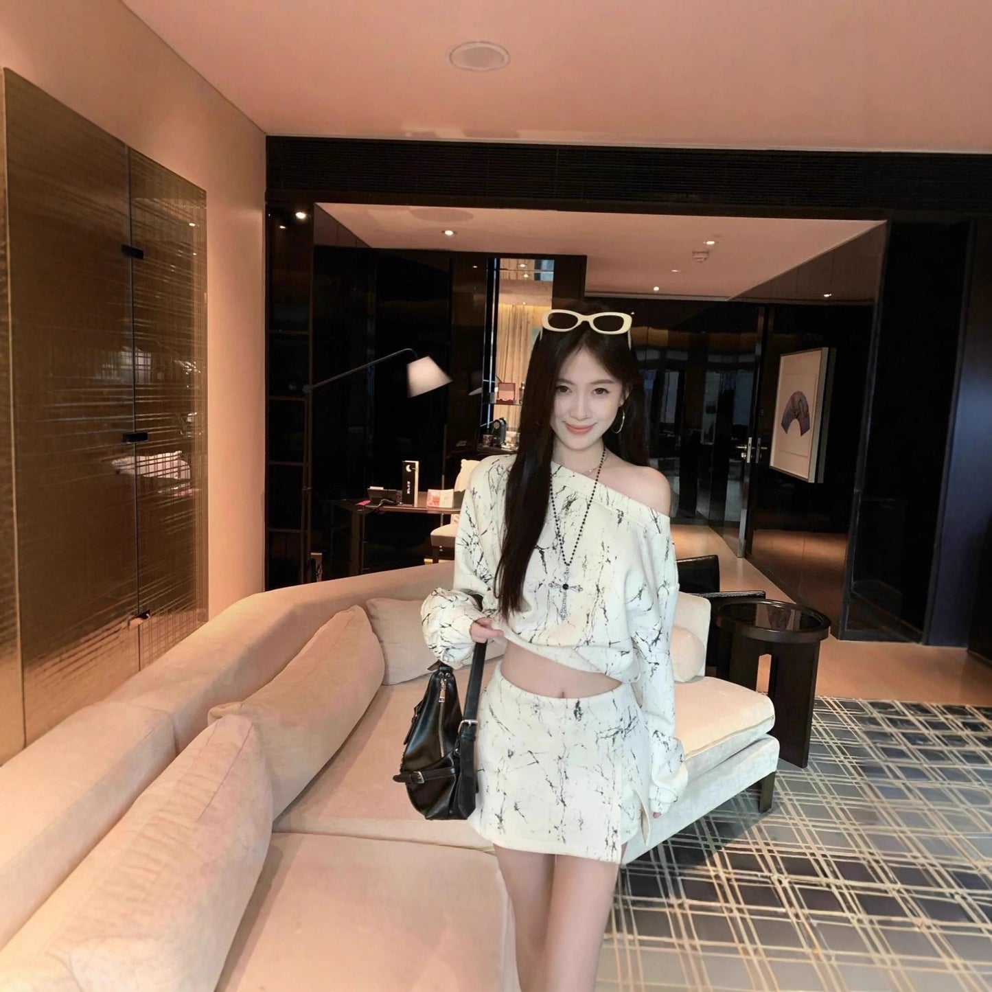 Asymmetrical Shoulder Long Sleeve  Hooded Sweatshirt High Waist Bodycon Skirt Women's 2-Piece Set