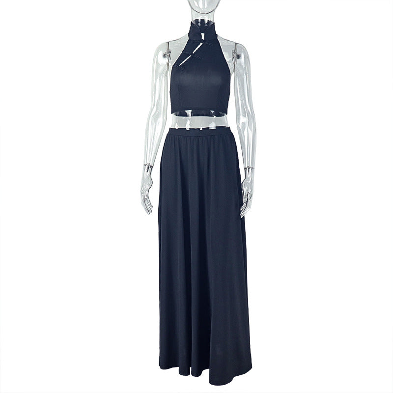 Women's Dress Set Sleeveless Stand Collar Long Skirt with Pleated Waist and Crop Top