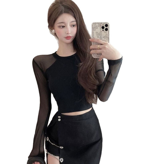 Seductive Sweet Spicy Mesh Panel Long Sleeve T-Shirt for Women High Waist Crop Top Sheer Underwear Style