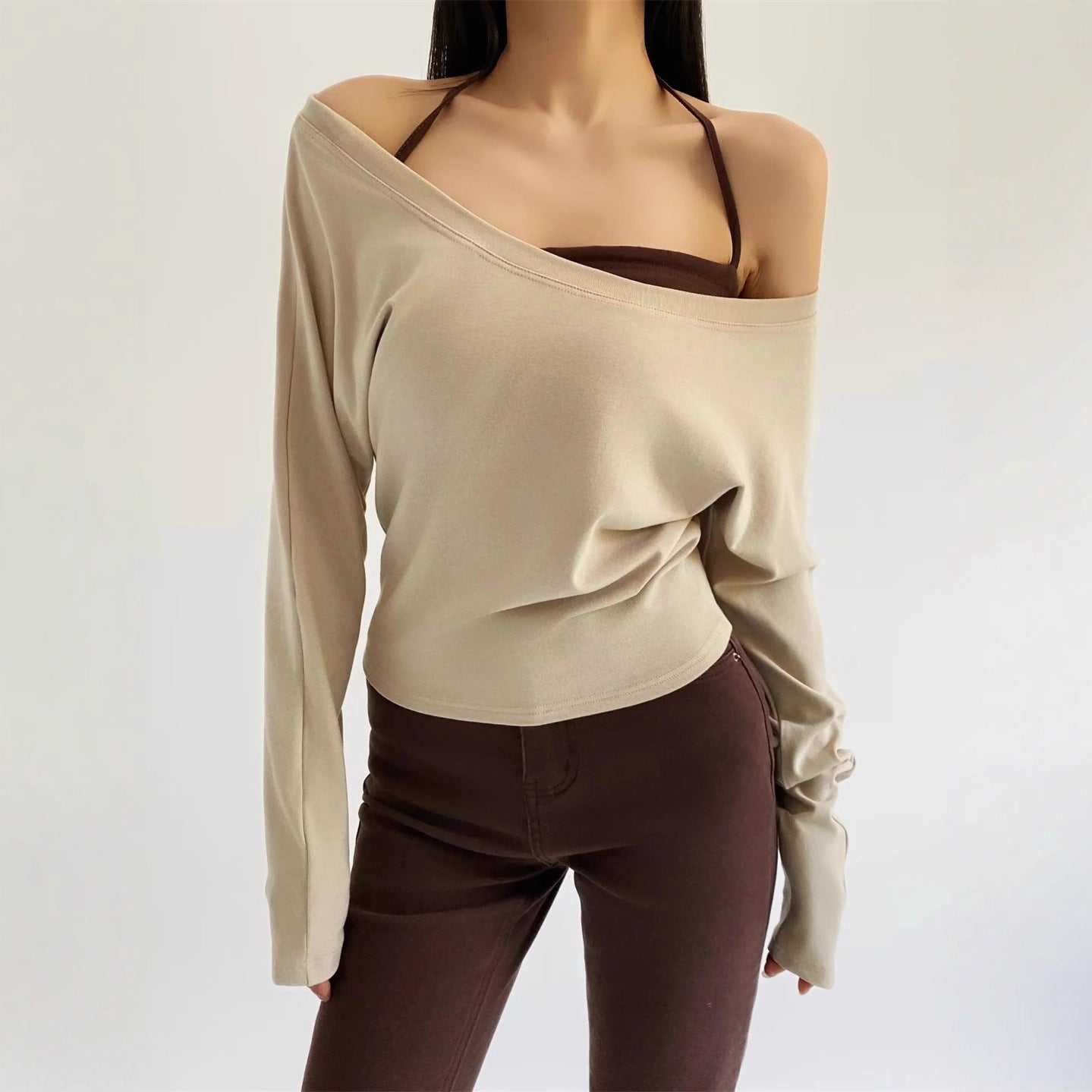 Two-Piece Set Sheer Sexy Crop Top Long Sleeve T-Shirt with Hanging Neck Bandage Tank Top