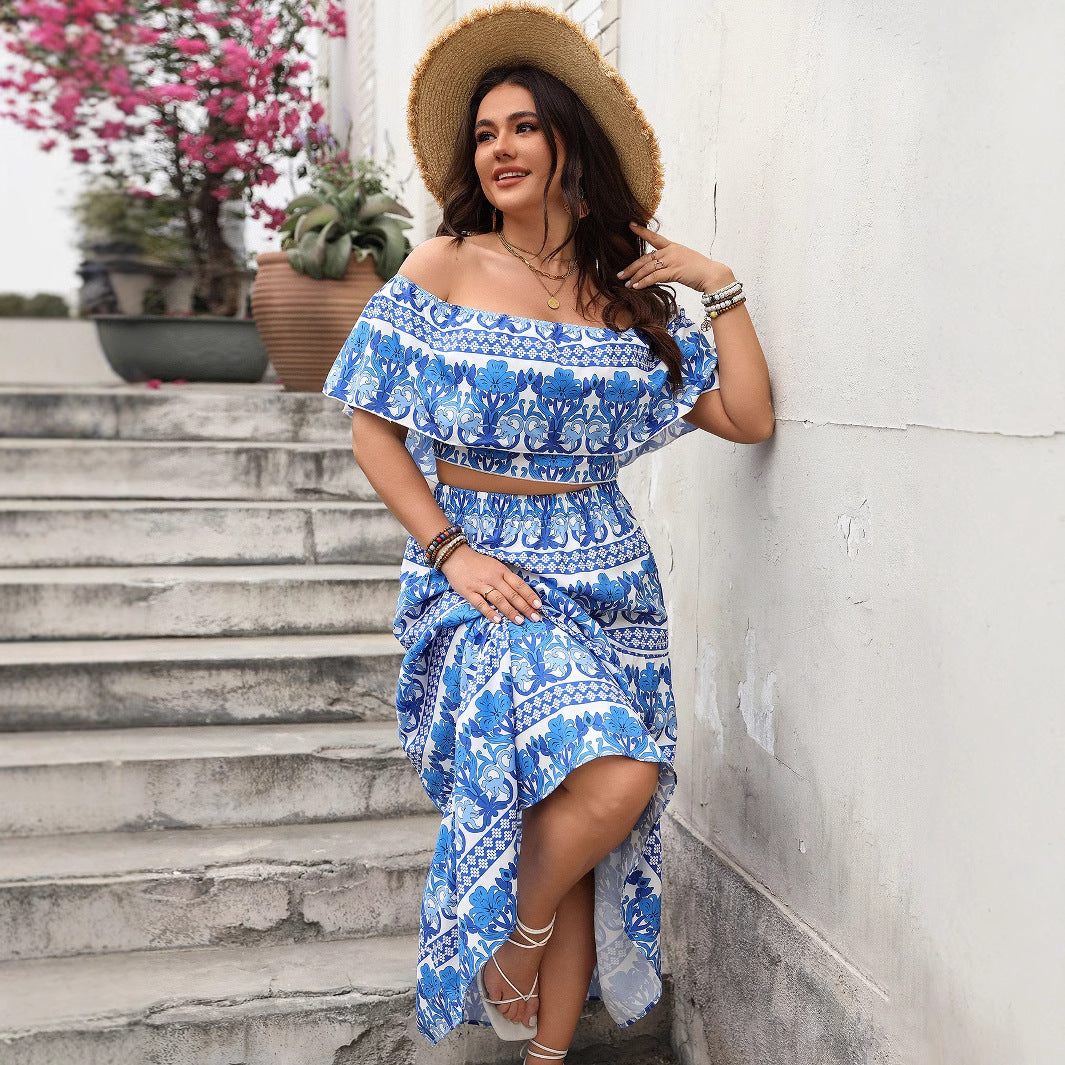 Spring Summer Women's Foreign Trade Holiday Leisure Printed One-Shoulder Crop Top Long Skirt Set