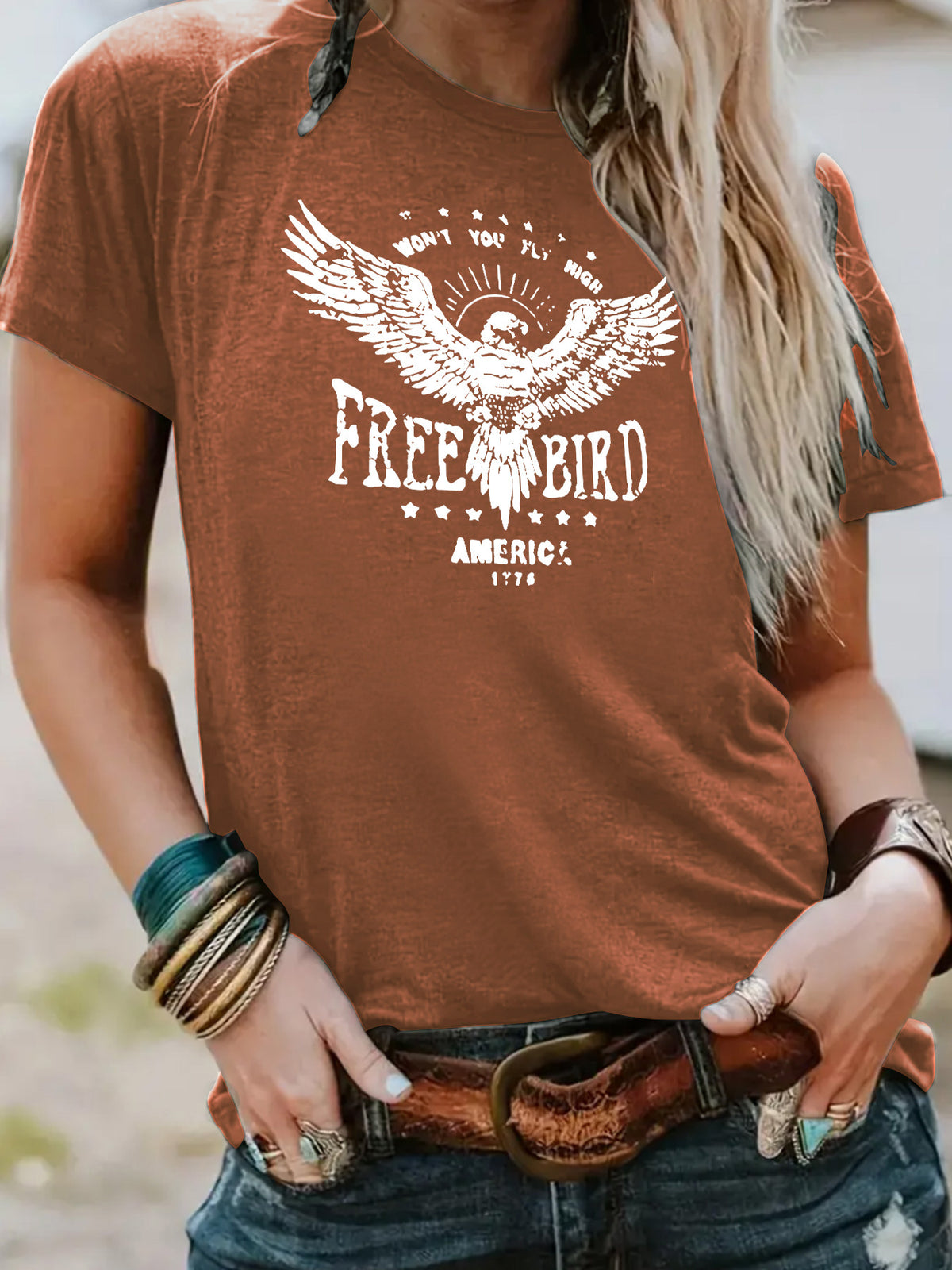 FREE BIRD Eagle print short sleeved shirt