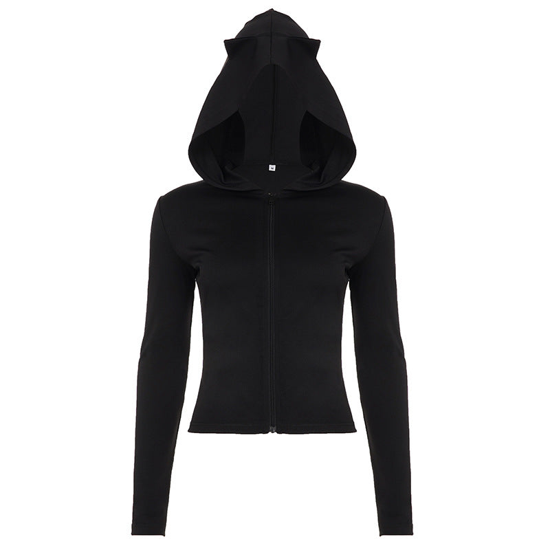 Sexy Street Style Devil Hooded Slim Fit Short Crop Long Sleeve T-Shirt Solid Color Versatile Casual Basic Top