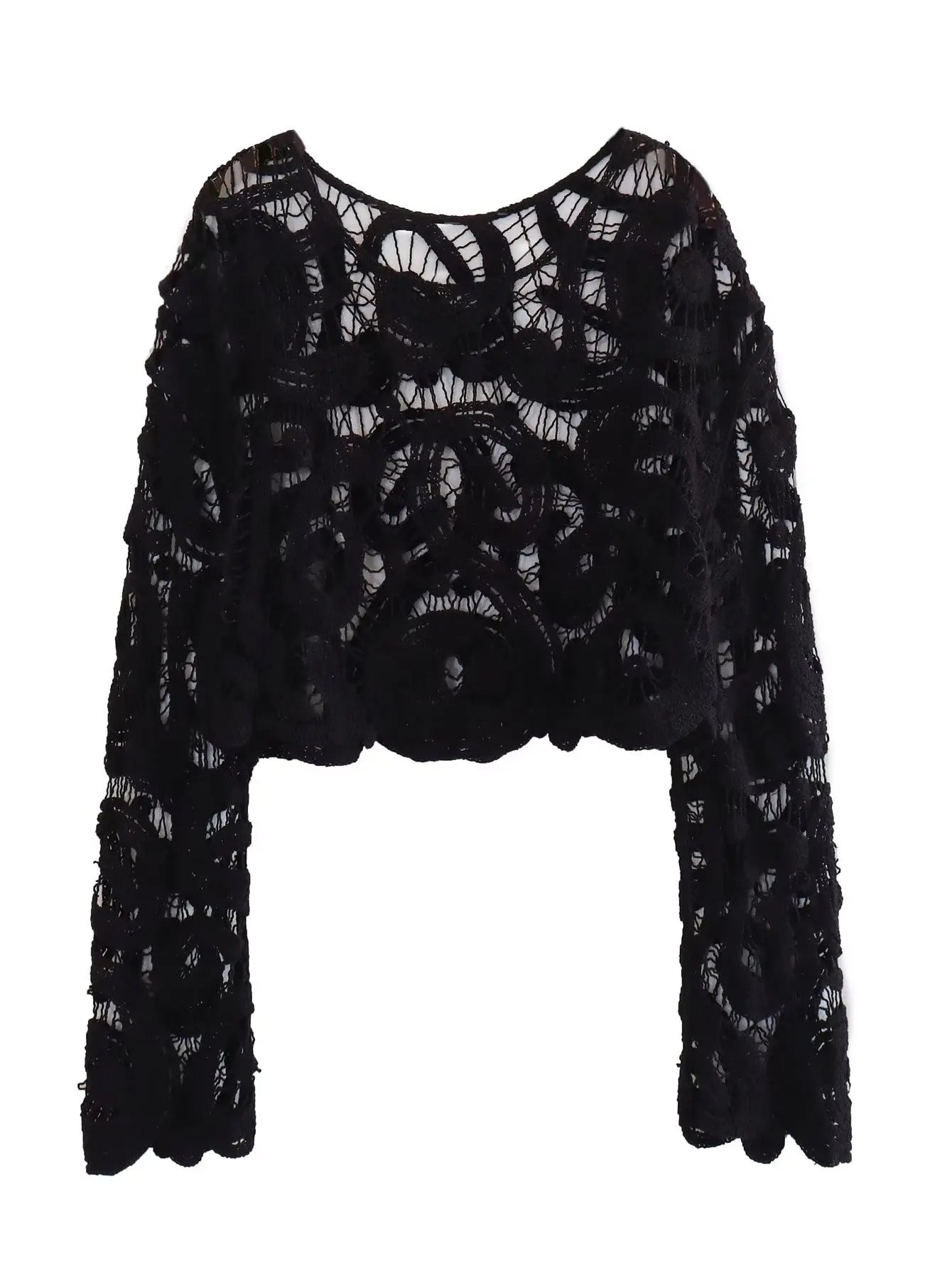 Women Crochet Knitted Hollow Out Blouses Long Sleeve Crop Tops Black Khaki Shirts