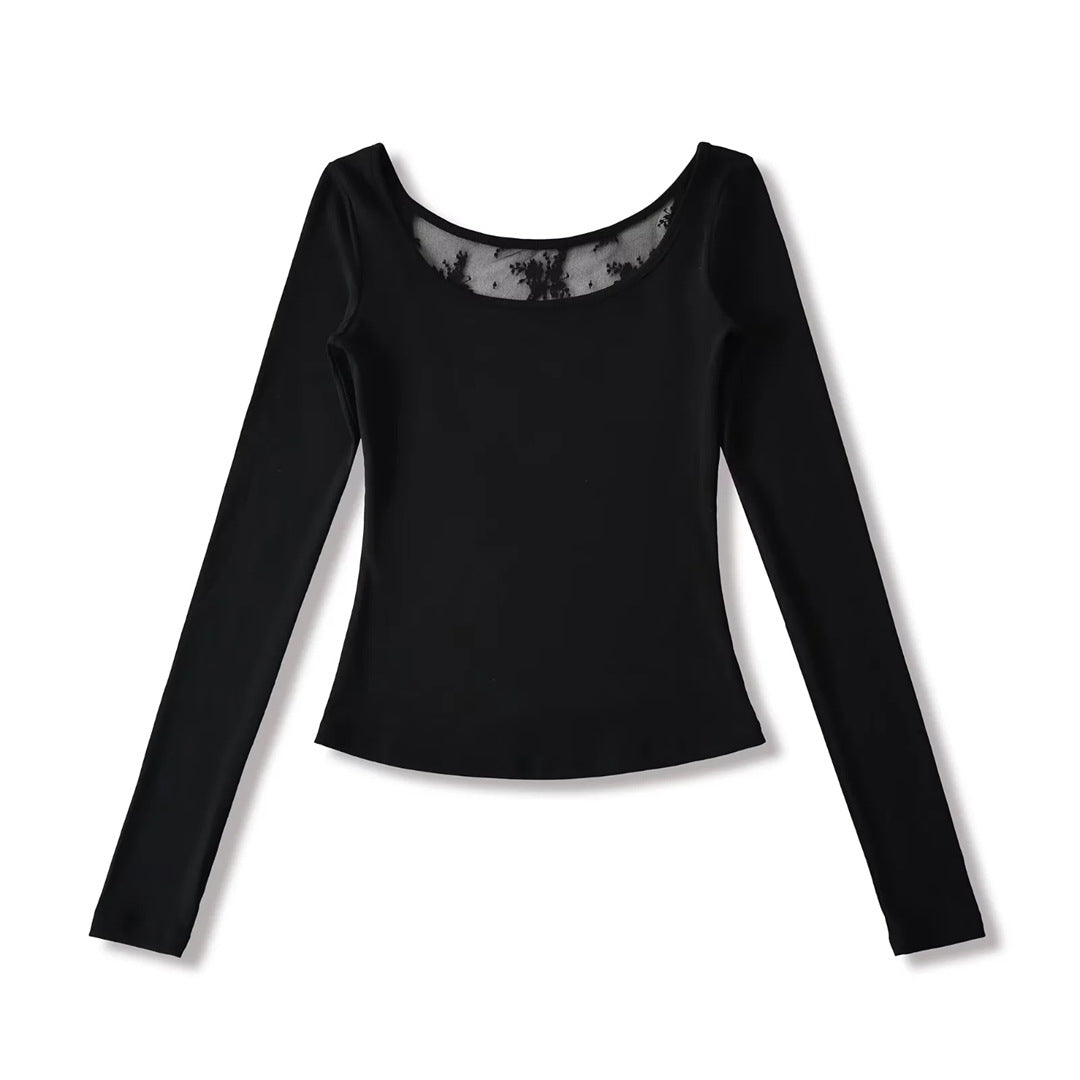 Spring Solid Color U-Neck Long Sleeve T-Shirt, Mature Style, Unique and Sexy Back Lace Cut-Out, Fitted Crop Top