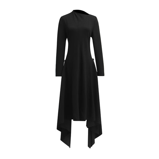 Slant neck asymmetrical large hem ruffle solid color long skirt