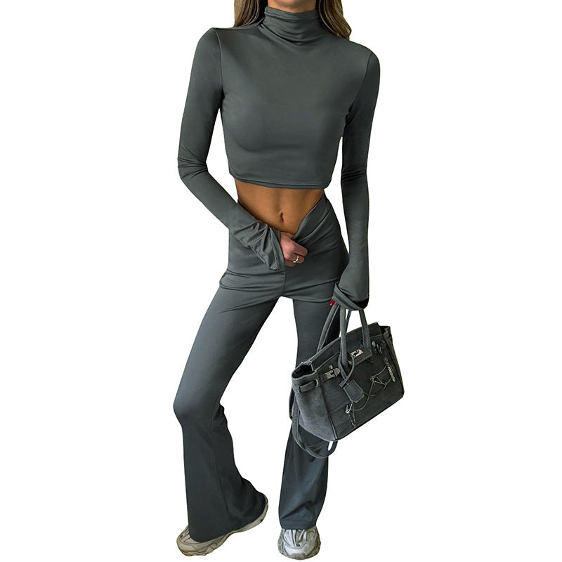 Autumn  Crew Neck Long Sleeve Crop Top with High Waist Flared Pants