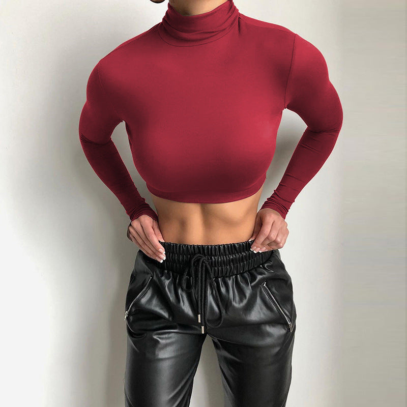 Women's slim fit crop exposed long sleeved high neck top