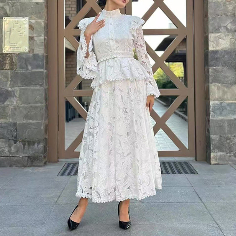 Embroidered ruffle edge patchwork flared sleeve long skirt
