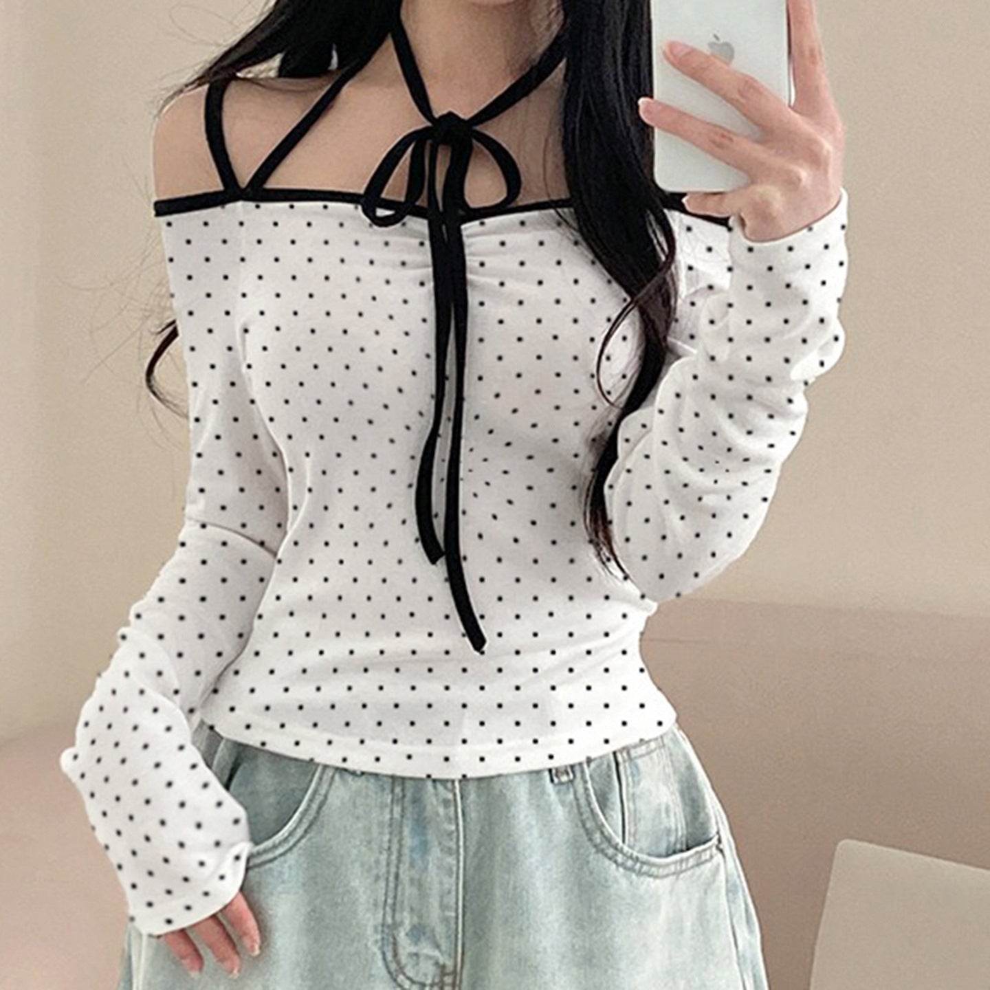 Polka Dot Tie-Butterfly Long Sleeve T-Shirt for Women Off-the-Shoulder Round Neck Crop Top