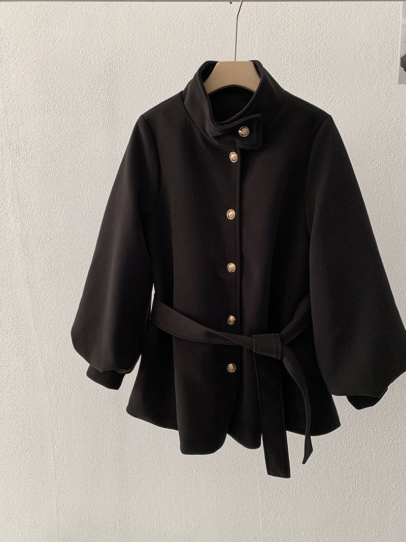 Belted closure Style Stand-Up Collar Wool Coat with Belted Waist, A-Line Mid-Length Tassel Sleeve for Women