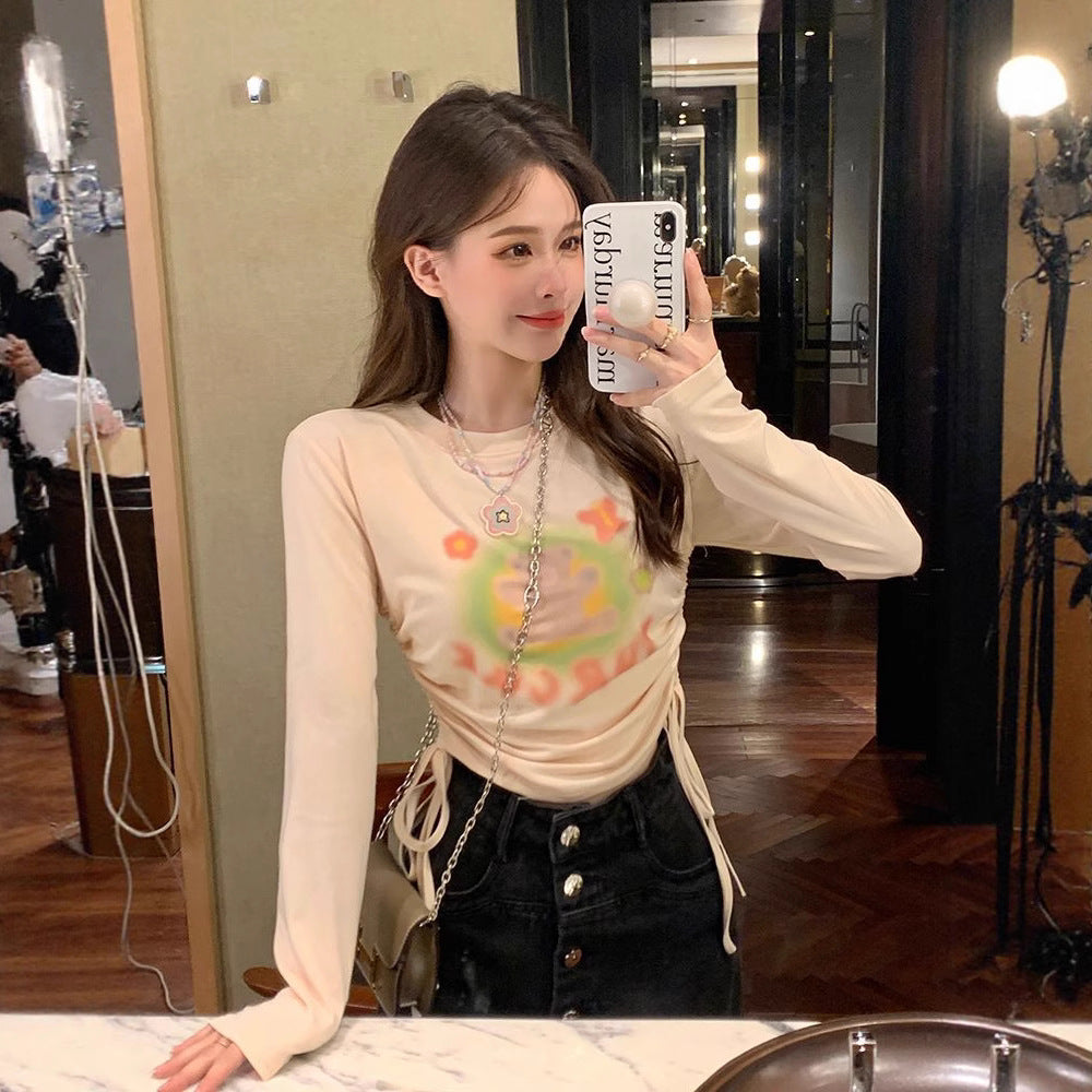 Cute Bear Print Long Sleeve T-Shirt for Women, Fitted Slim Fit Crop Top