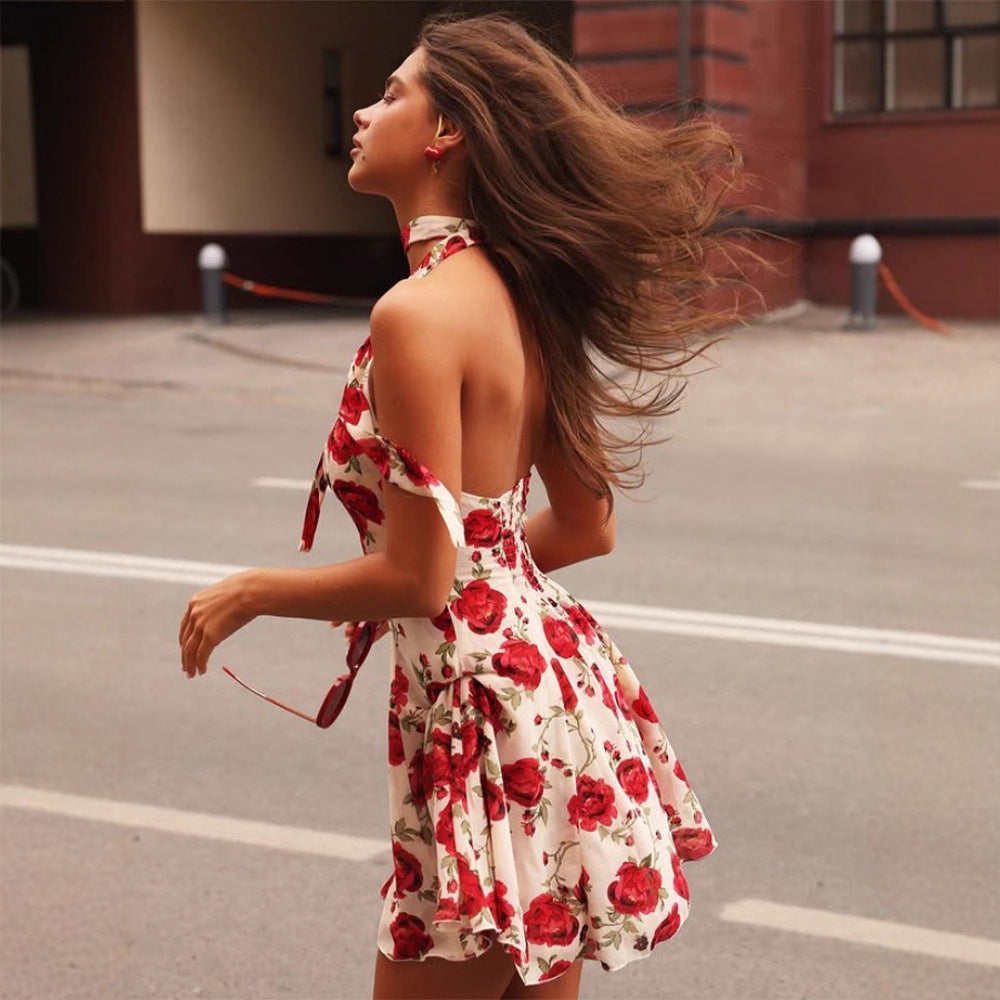 Printed Backless Halter Dress