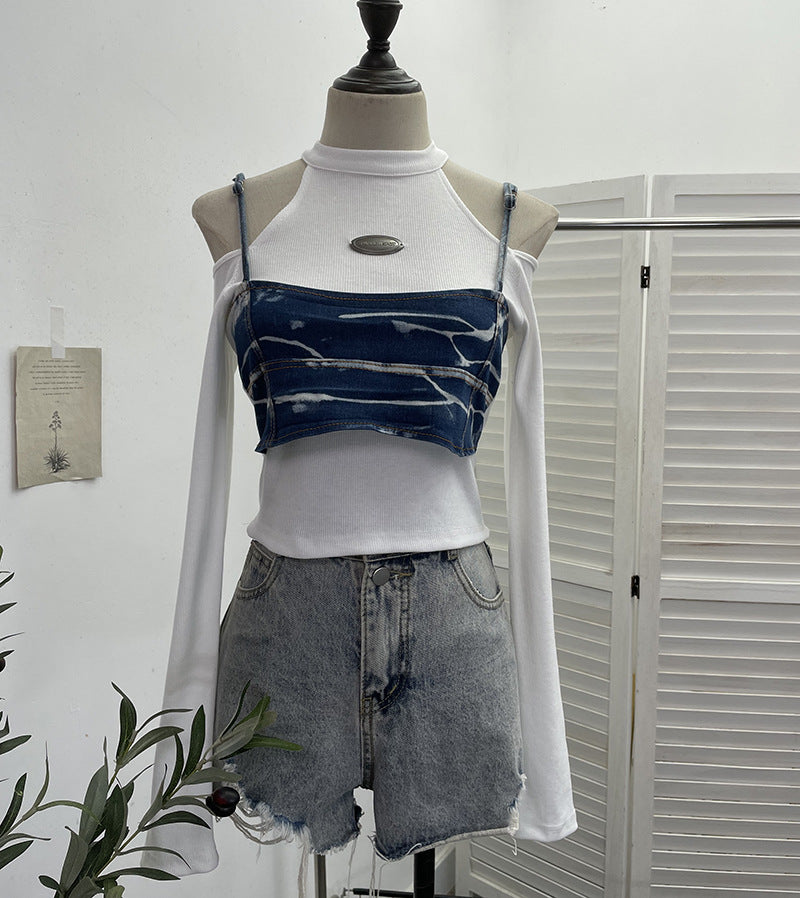 Sexy Fitted Long Sleeve T-Shirt with Strapless Design and Denim Short Crop Top