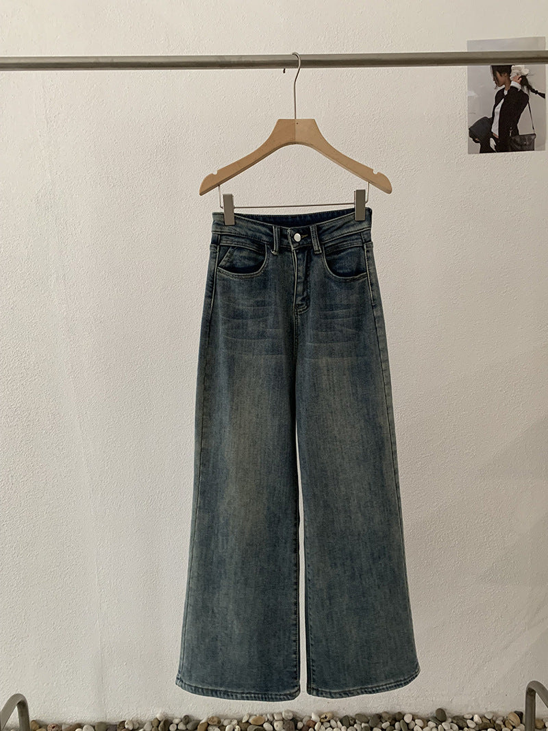 High-Waisted Loose Straight Leg Jeans for Women with Fleece Lining, Casual and Slim-Fitting Long Pants
