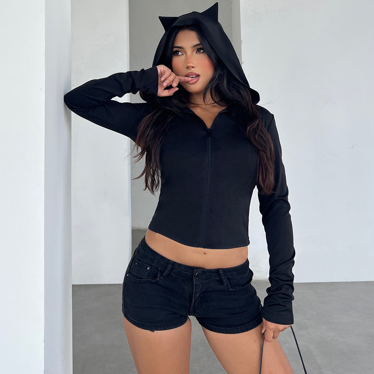 Sexy Street Style Devil Hooded Slim Fit Short Crop Long Sleeve T-Shirt Solid Color Versatile Casual Basic Top