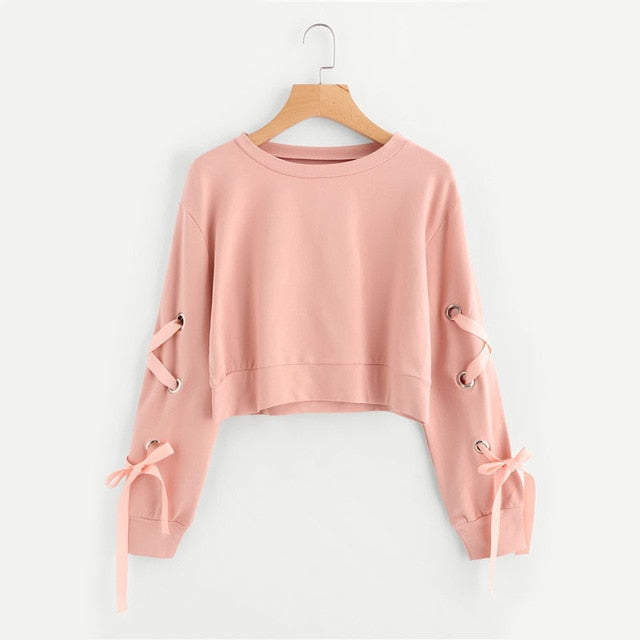 Eyelet Lace Up Sleeve Crop Sweatshirt Autumn Pink Round Neck Cute Pullovers Women Long Sleeve Casual Sweatshirt