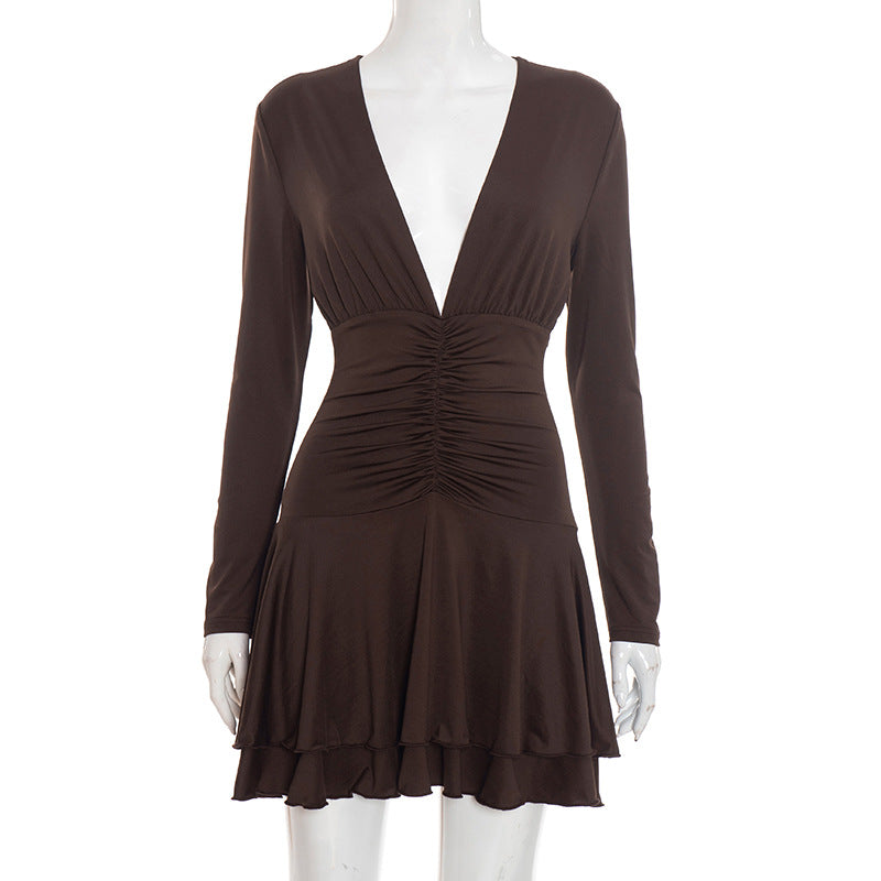 Solid Color Deep V-neck  Fitted Waist  Short  Dress
