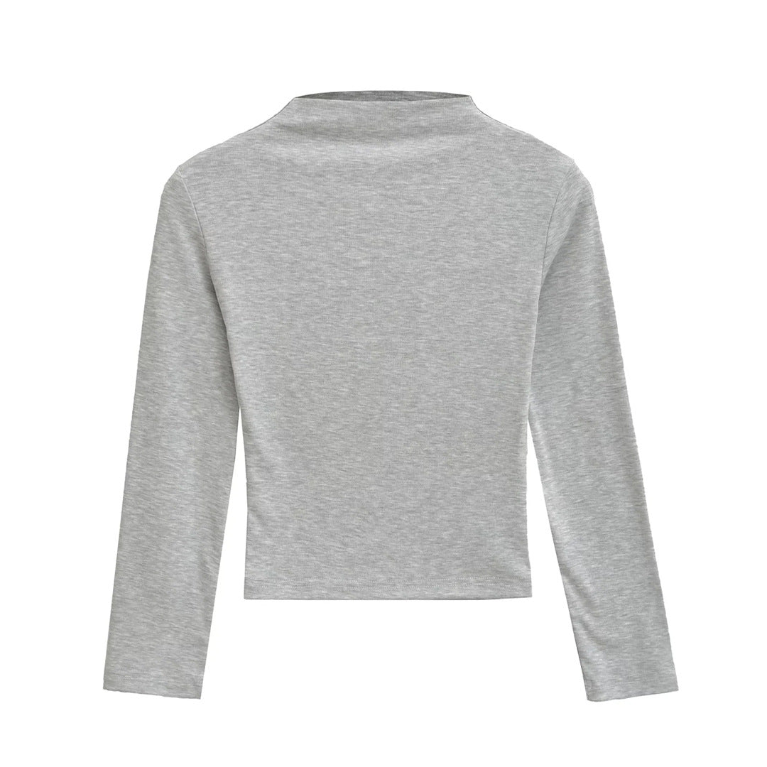 Style Semi-High Neck Sleeve Stretch Fitted T-Shirt for Women,Edgy Minimalist Solid Color Crop Top Underwear Shirt