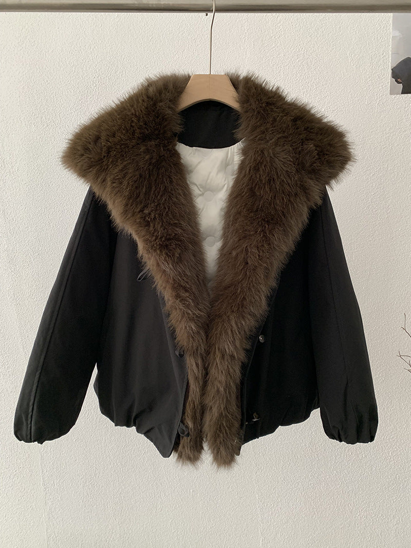 Detachable Faux Fox Fur Turn-Down Collar Loose Thick Long Sleeve Parka Coat Top Fashion