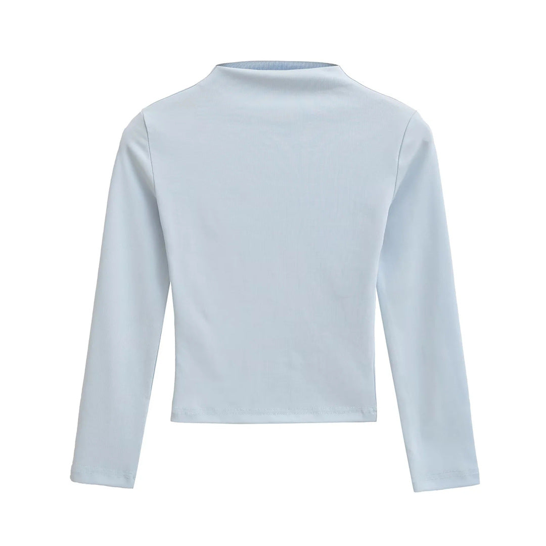 Style Semi-High Neck Sleeve Stretch Fitted T-Shirt for Women,Edgy Minimalist Solid Color Crop Top Underwear Shirt