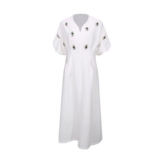 V-neck raglan sleeves with gemstone inlay mid length skirt