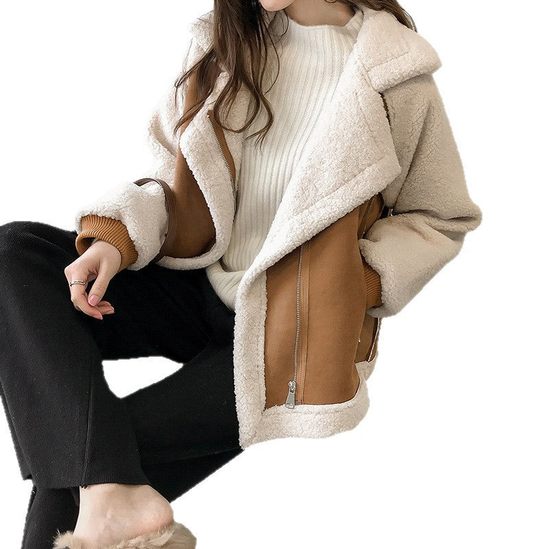 Chic Loose Suede Faux Fur Jacket Women Short Lamb Wool Motorcycle Coat