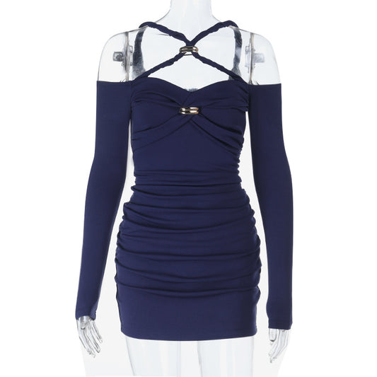 Slim fit inner cross twisted long sleeved dress