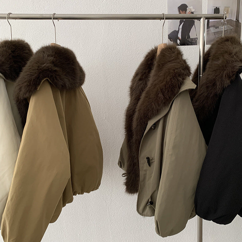 Detachable Faux Fox Fur Turn-Down Collar Loose Thick Long Sleeve Parka Coat Top Fashion
