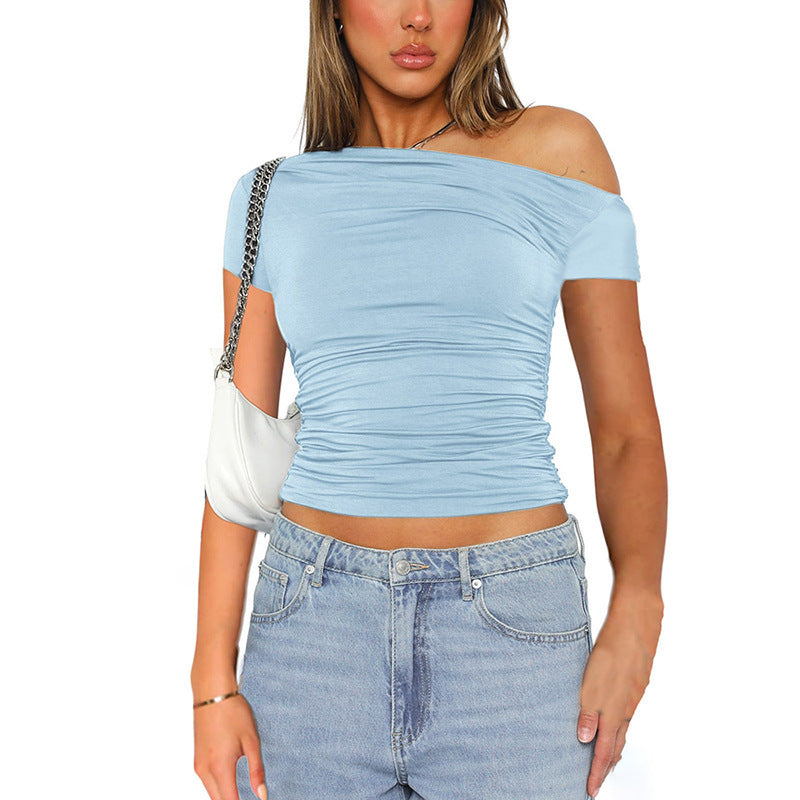 Women's Clothing New Pure Color Off-the-Shoulder Short Sleeve Shirred Crop Top T-Shirt