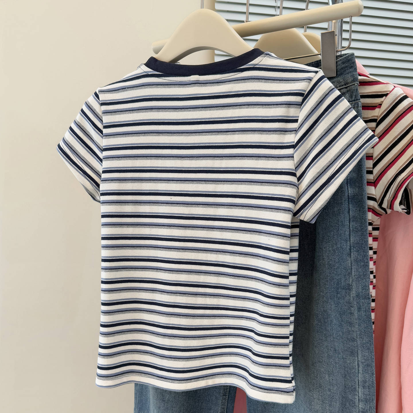 Style Summer New Color Block Stripe Short Sleeve T-Shirt Women's Slim Korean Version Short Crop Top