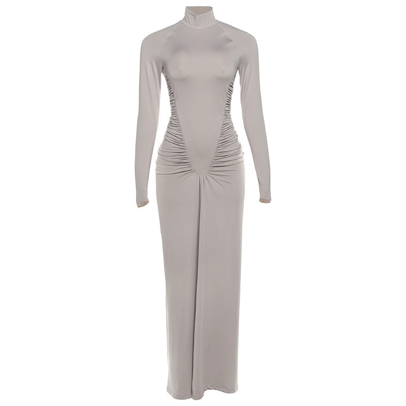 Slimming and slimming pleated long sleeved dress