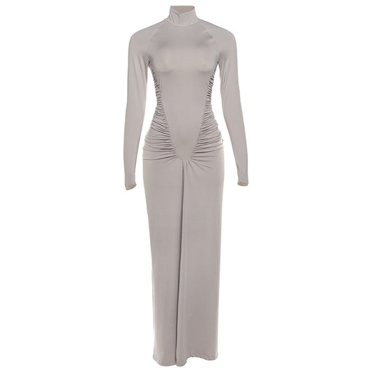 Slimming and slimming pleated long sleeved dress