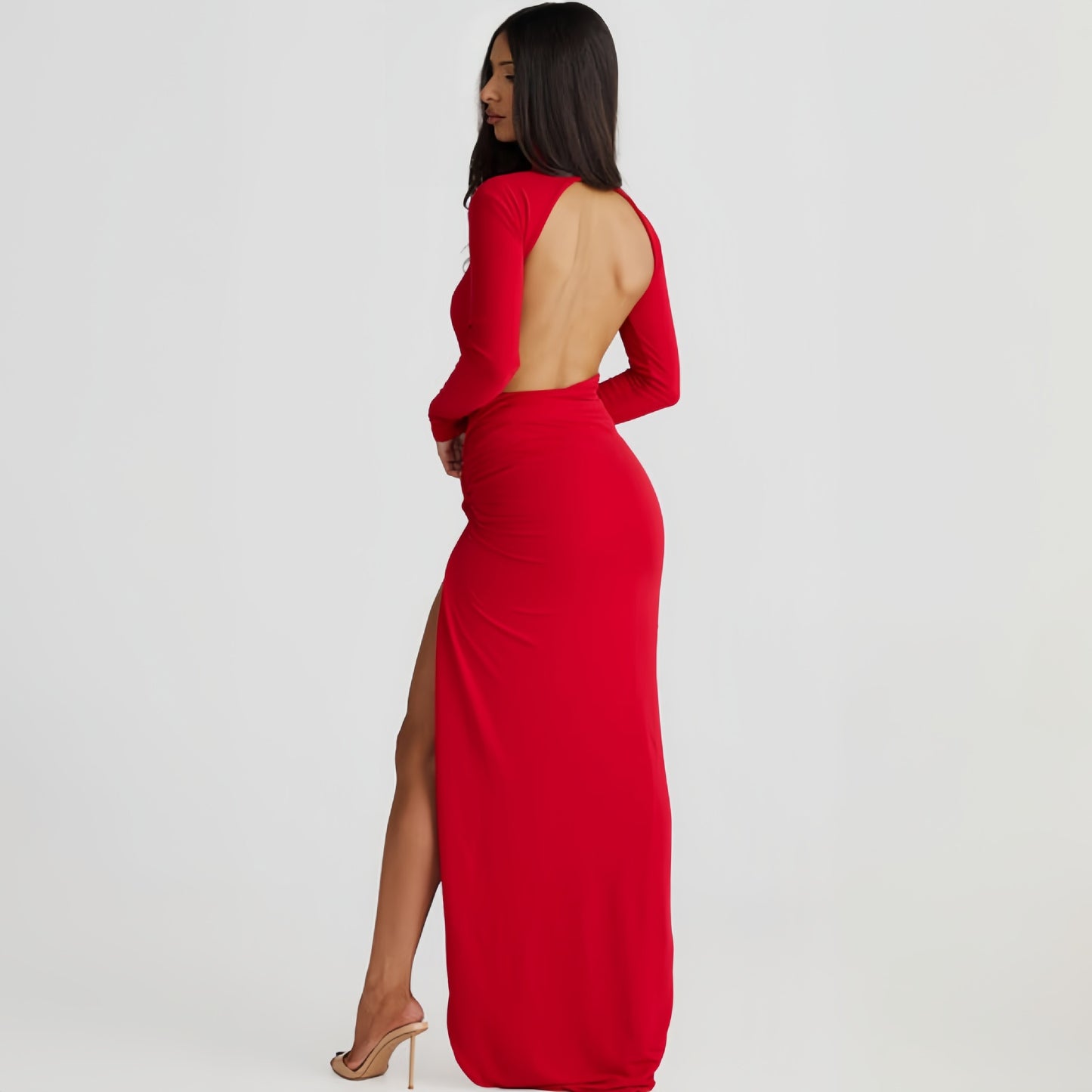 High neck backless long sleeved jumpsuit with sexy slit skirt set