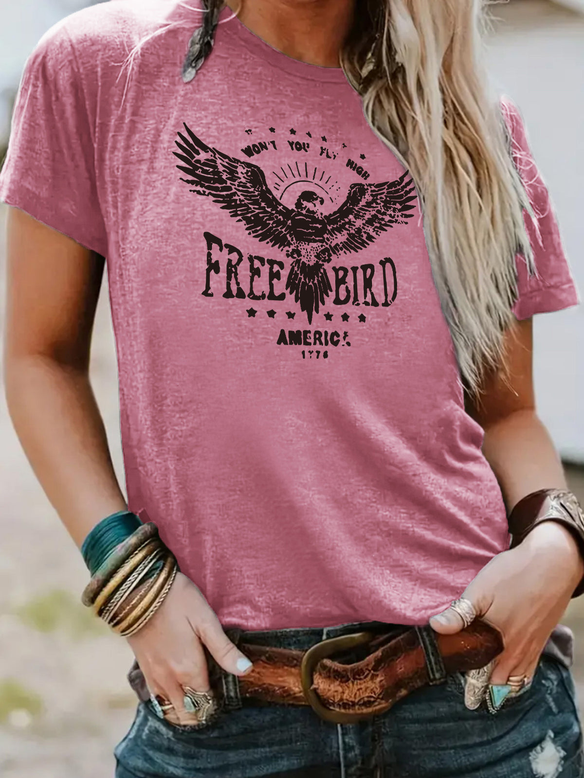 FREE BIRD Eagle print short sleeved shirt