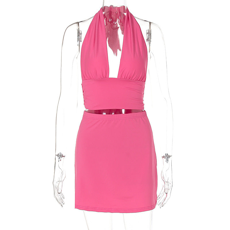 Deep V-strap neck hanging vest short skirt set