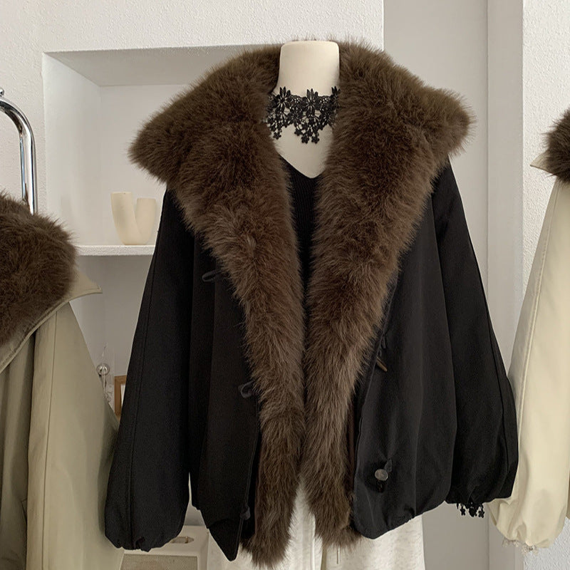Detachable Faux Fox Fur Turn-Down Collar Loose Thick Long Sleeve Parka Coat Top Fashion