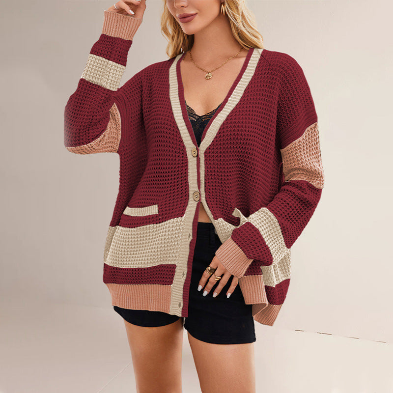 Women’s Color-Blocked V-Neck Knit Cardigan Jacket