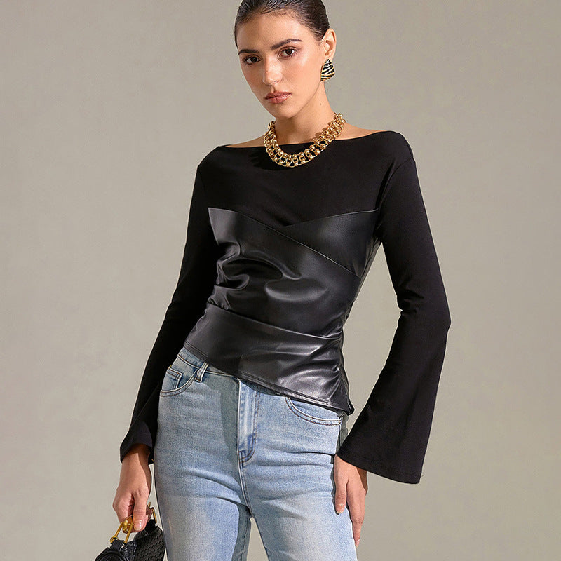 Women's Autumn New Round Neck Knit Crop Top with Gathered Leather Splicing Flared Sleeve