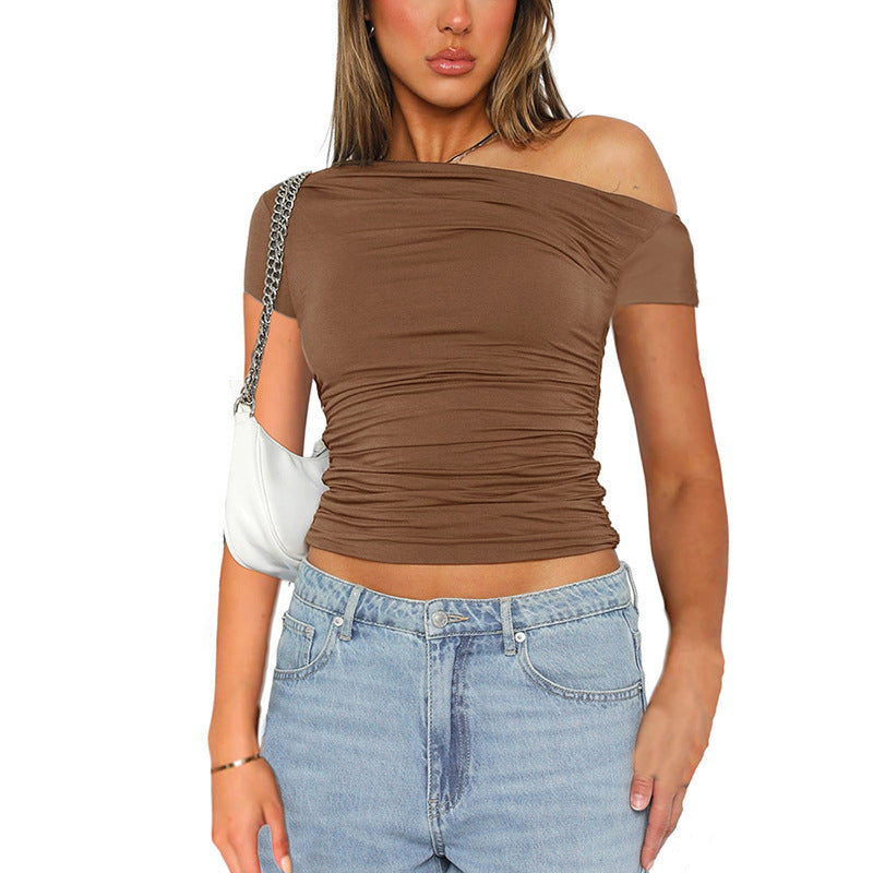 Women's Clothing New Pure Color Off-the-Shoulder Short Sleeve Shirred Crop Top T-Shirt